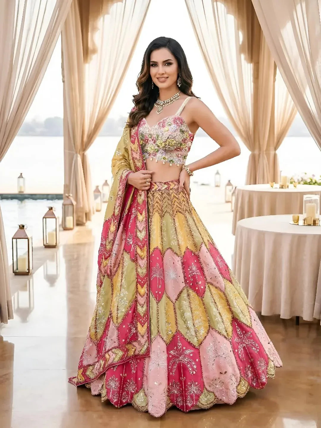 Pink Yellow Chevron Embroidered Lehenga Set - MishUUU