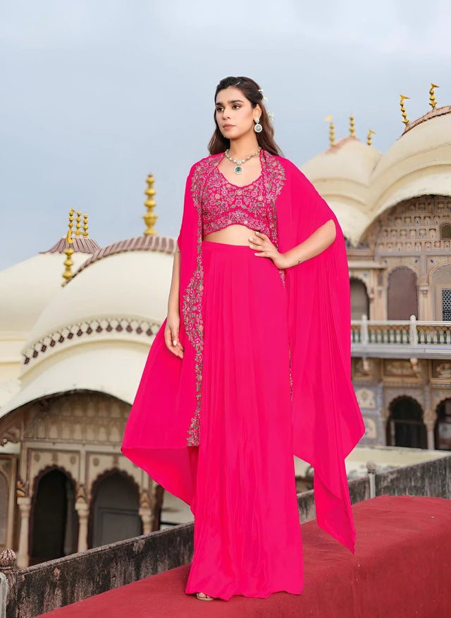 Hot Pink Embroidered Cape Lehenga Set - MishUUU