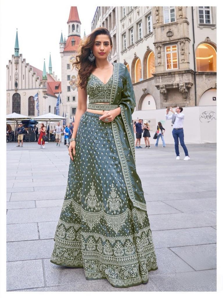 Olive Green Embroidered Lehenga Set