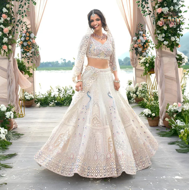 Ivory Embroidered Bridal Lehenga Set - MishUUU