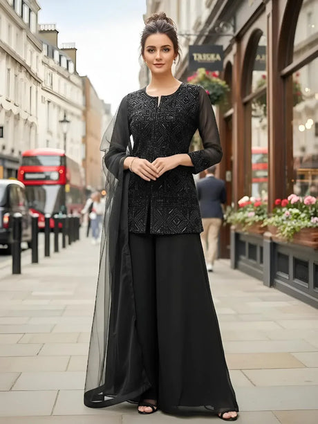 Black Embellished Kurta Palazzo Set - MishUUU