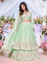 Mint Green Floral Printed Lehenga Set - MishUUU