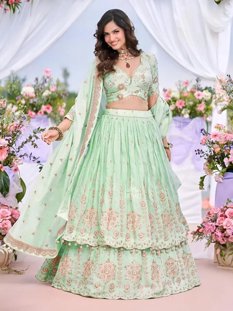 Mint Green Floral Printed Lehenga Set - MishUUU