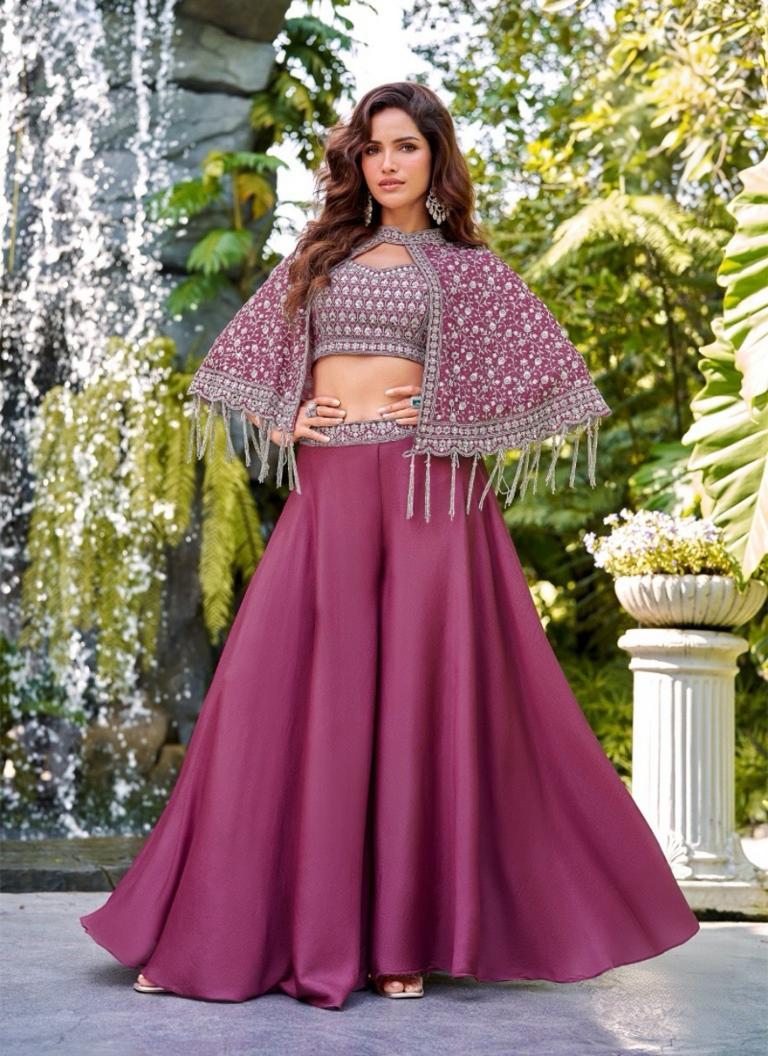 Wine Embroidered Cape Lehenga Set