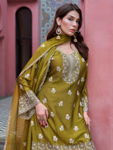 Mustard Olive Embroidered Kurta Set