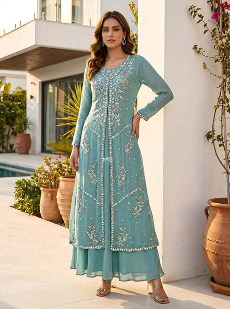 Sea Green Embroidered Anarkali Dress Set - MishUUU