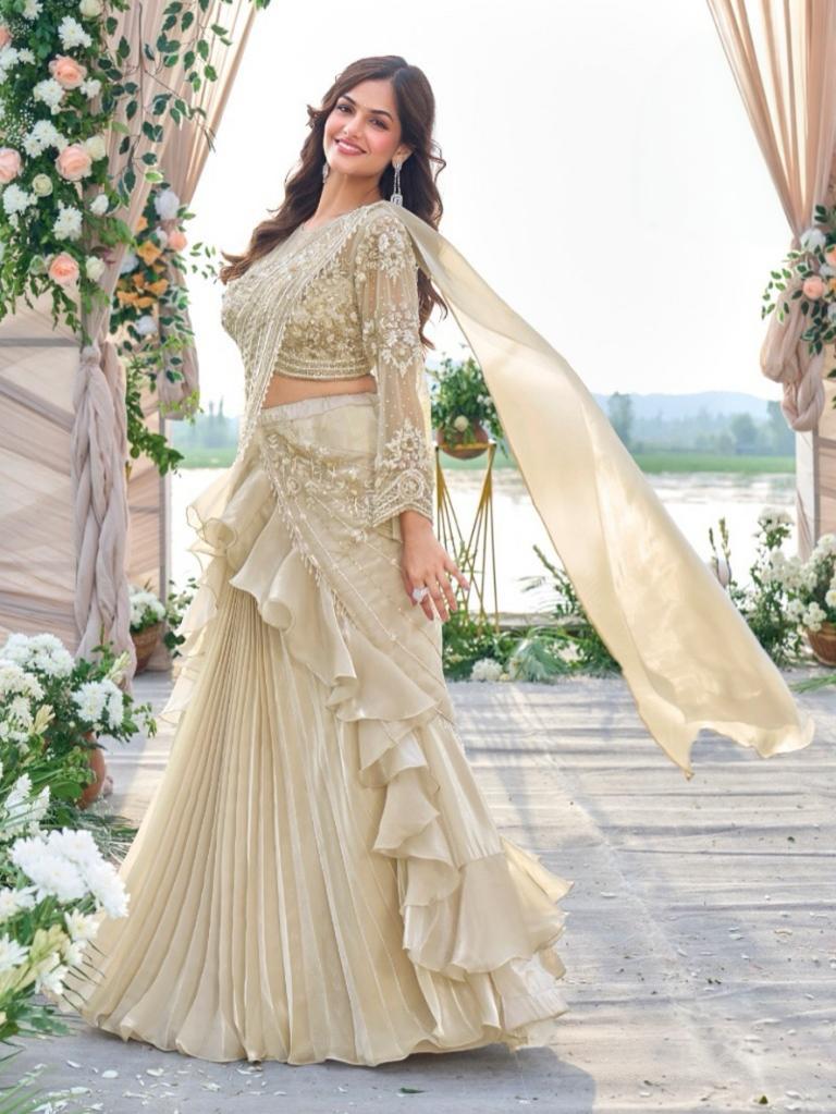 Champagne Gold Ruffled Saree Lehenga Set