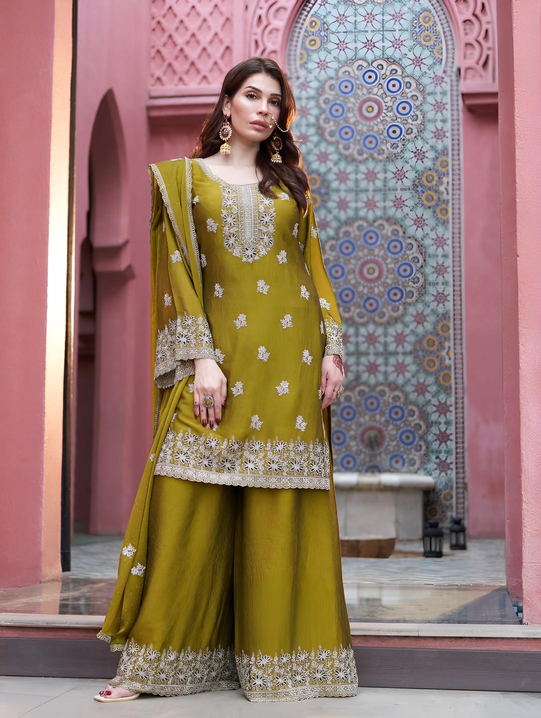 Mustard Olive Embroidered Kurta Set