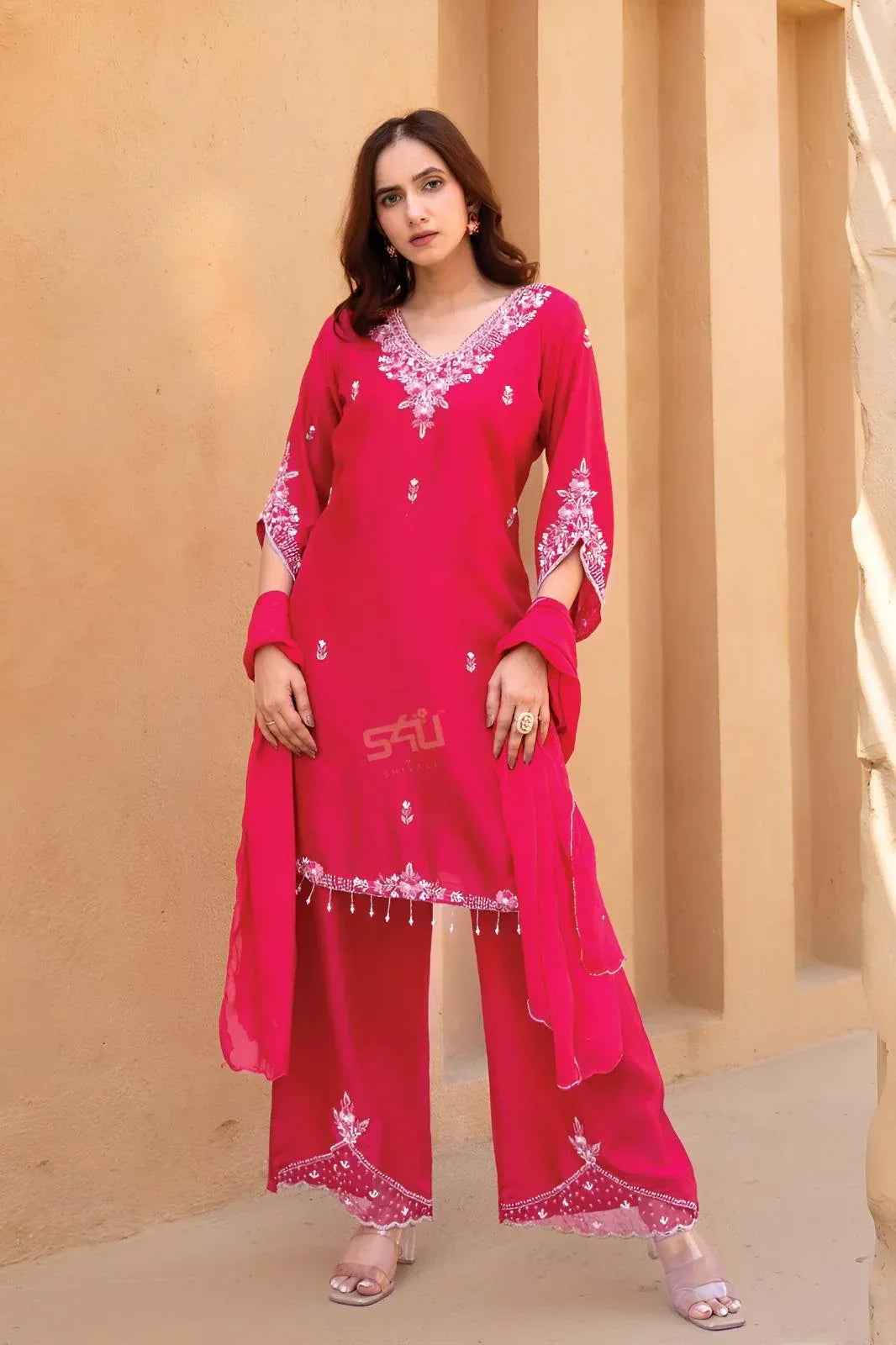 Hot Pink Embroidered Kurta Palazzo Set - MishUUU