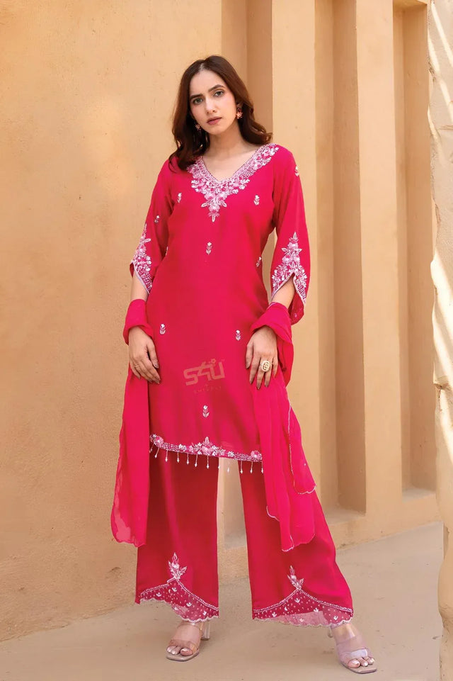 Hot Pink Embroidered Kurta Palazzo Set - MishUUU