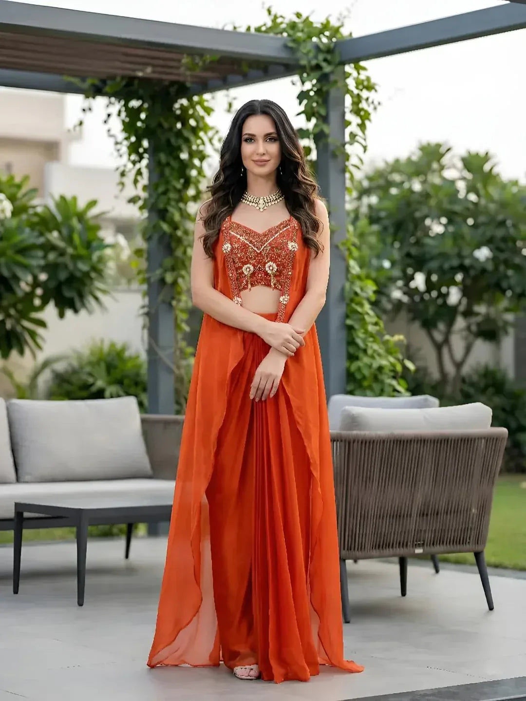 Orange Embellished Cape Saree Set - MishUUU
