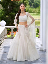 Ivory Pearl Sleeve Lehenga Set - MishUUU