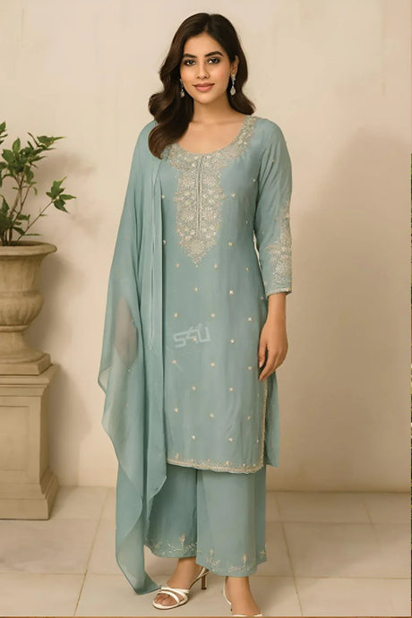 Powder Blue Embroidered Kurta Pant Dupatta Set - MishUUU