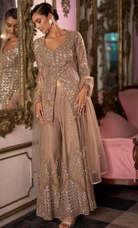 Champagne taupe jacket palazzo set with silver jewel work and sheer dupatta