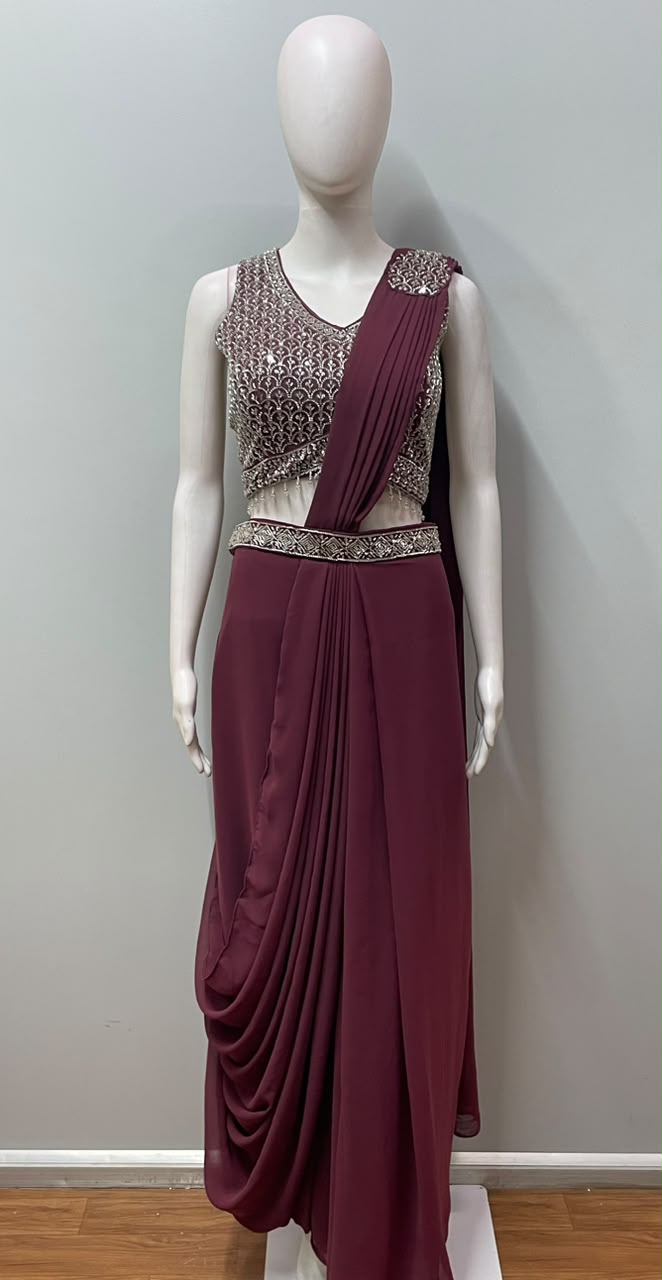 Berry Wine Silver Crystal Draped Saree Set
