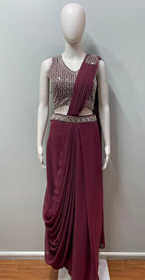 Berry Wine Silver Crystal Draped Saree Set