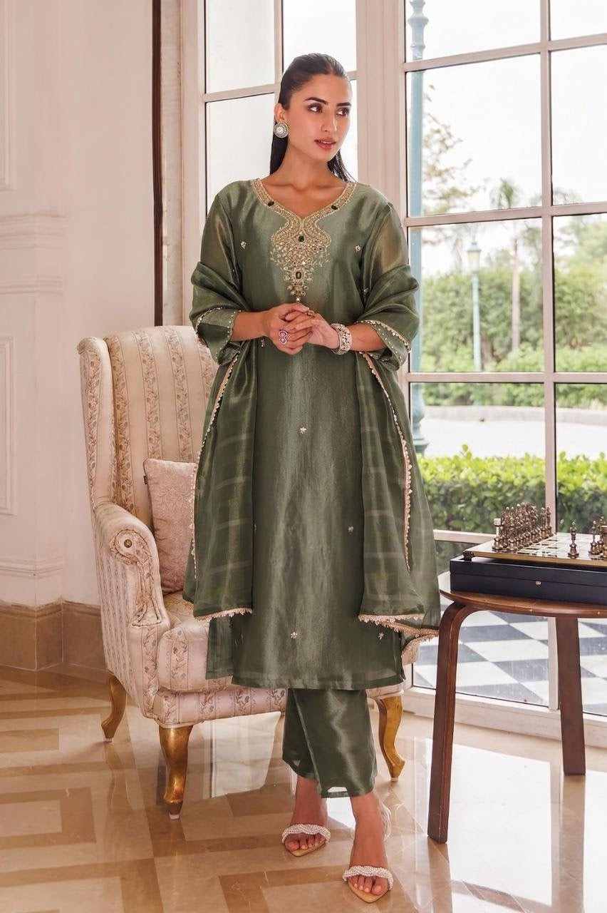 Olive sage kurta set with antique gold jewel beadwork and a tonal striped dupatta