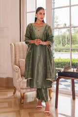 Olive sage kurta set with antique gold jewel beadwork and a tonal striped dupatta
