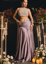 Smoky Mauve Silver Crystal Jewel Halter Draped Skirt Set