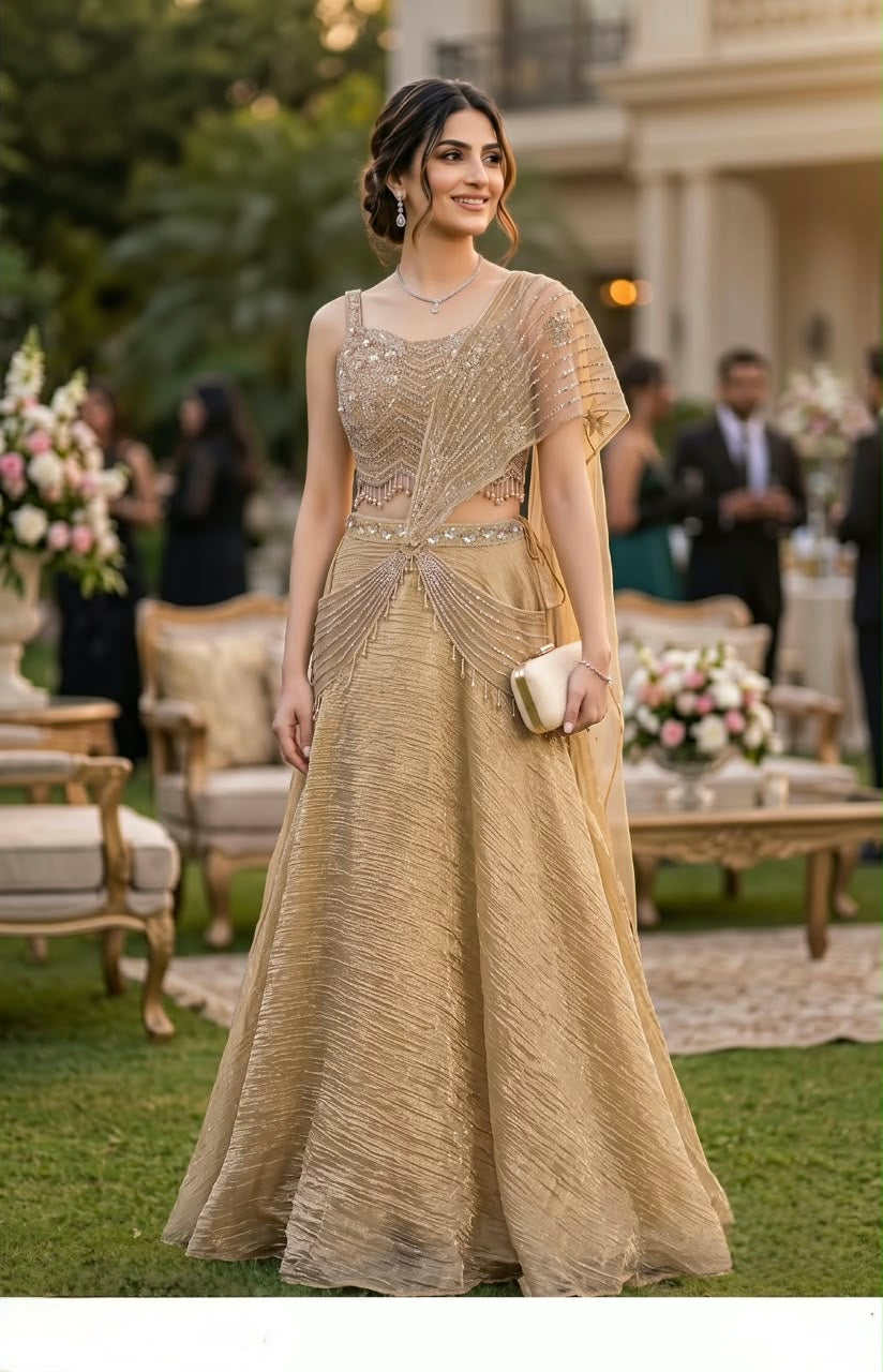 Champagne gold lehenga with crystal and sequin work on a crinkled skirt