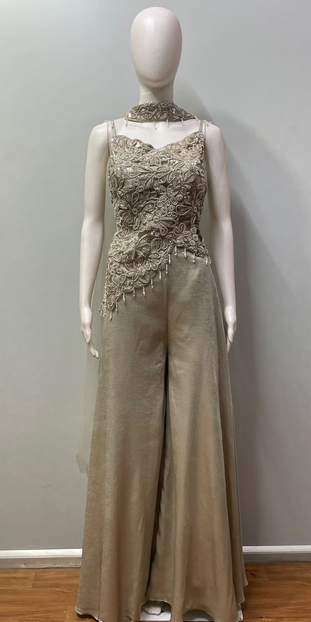 Champagne Taupe Silver Floral Palazzo Set