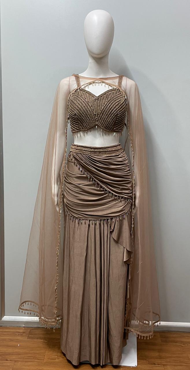 Taupe Pearl Draped Cape Lehenga Set