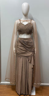 Taupe Pearl Draped Cape Lehenga Set