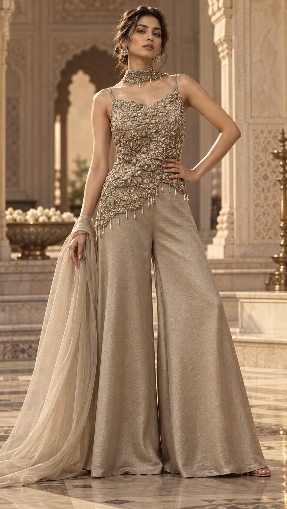 Champagne Taupe Silver Floral Palazzo Set