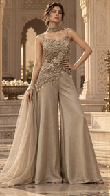 Champagne Taupe Silver Floral Palazzo Set
