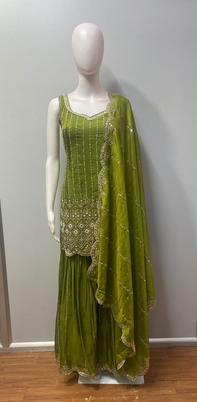 Olive Green Silver Jewel Palazzo Set