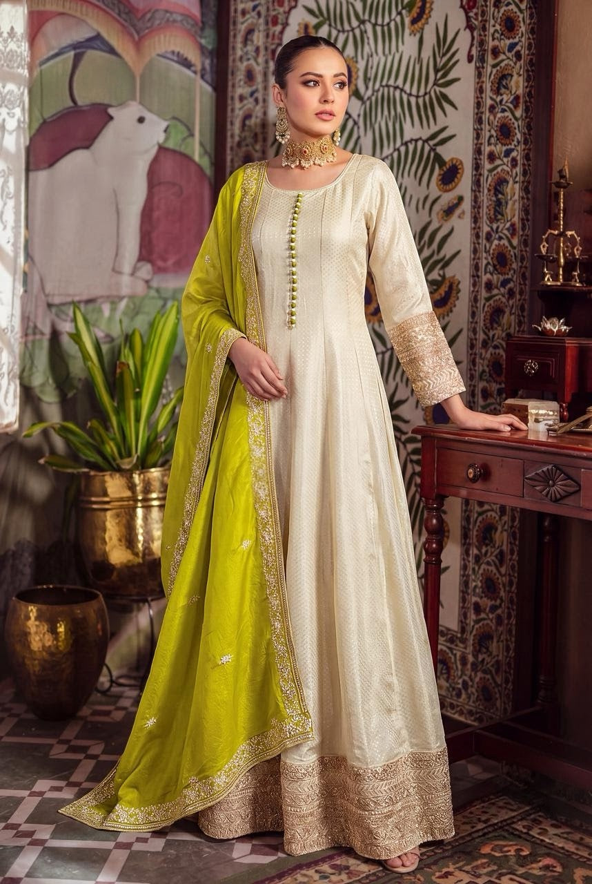 Ivory Chartreuse Antique Gold Anarkali Set