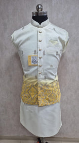 Ivory Yellow Silver Nehru Jacket Kurta Set