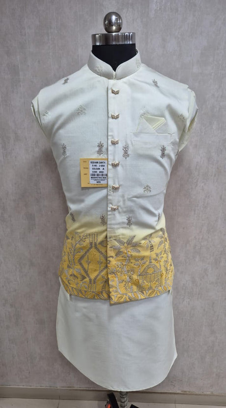 Ivory Yellow Silver Nehru Jacket Kurta Set