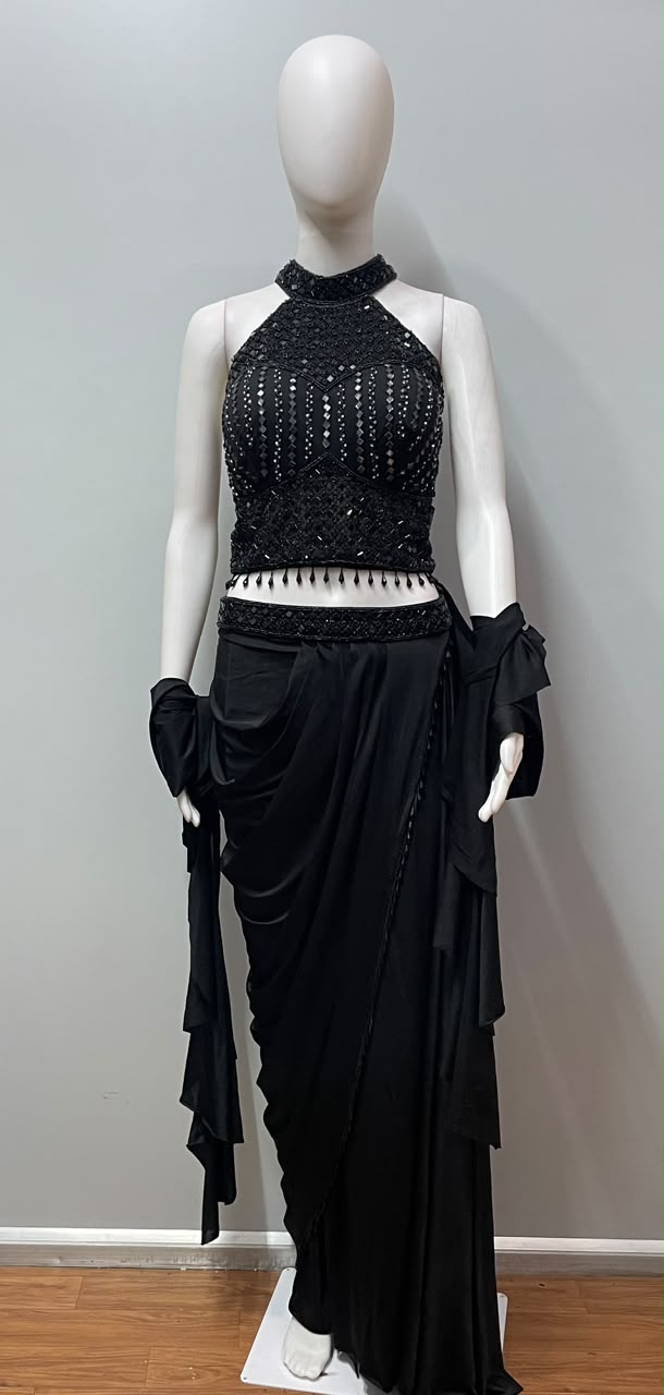 Black Halter Crystal Draped Saree Set