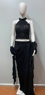 Black Halter Crystal Draped Saree Set