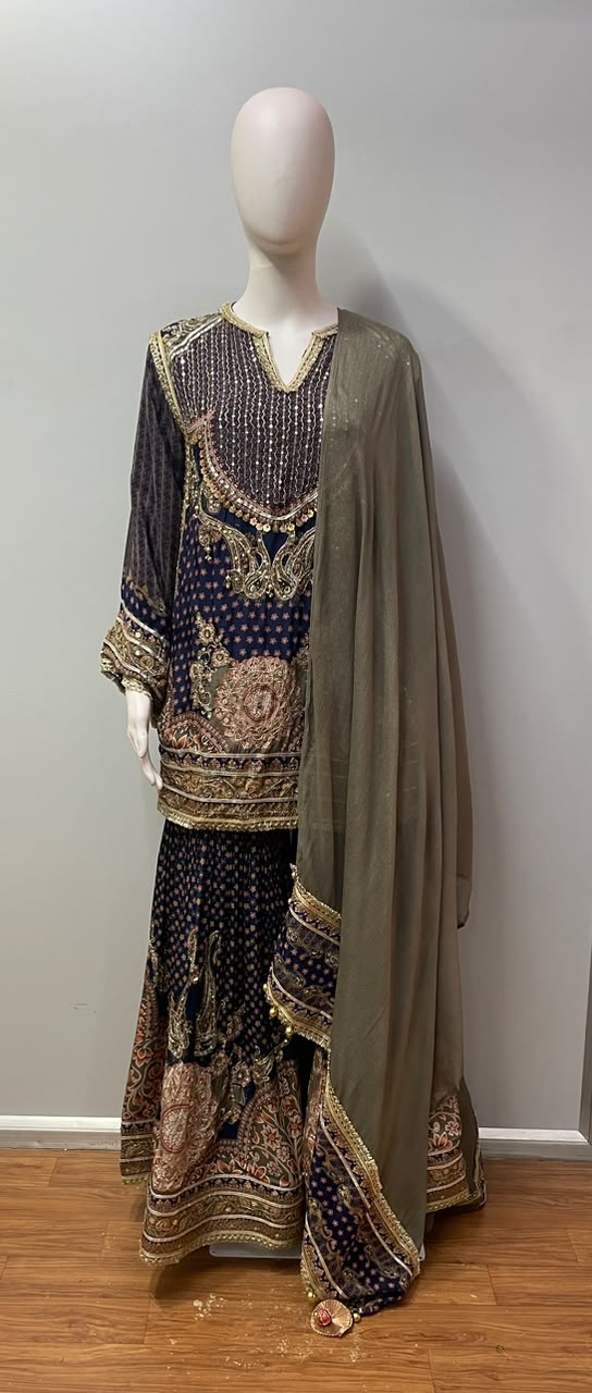 Navy Blue Antique Gold Paisley Palazzo Set