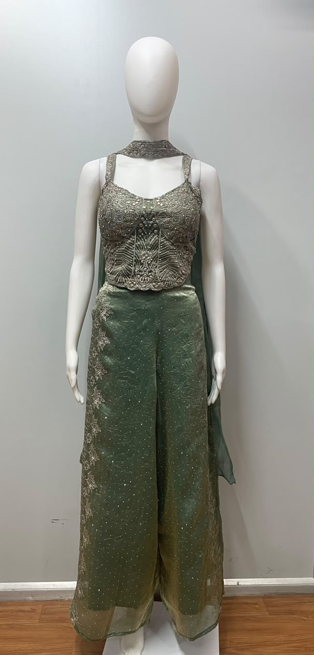 Olive Gold Embroidered Corset Palazzo Couture Set