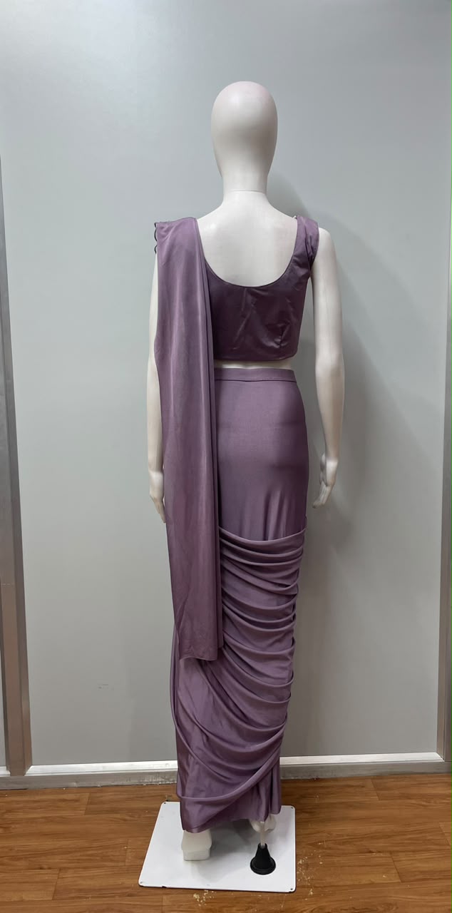 Dusty Mauve Silver Peacock Draped Saree Set