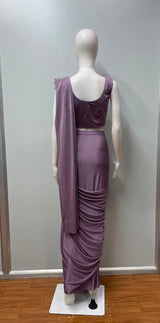 Dusty Mauve Silver Peacock Draped Saree Set