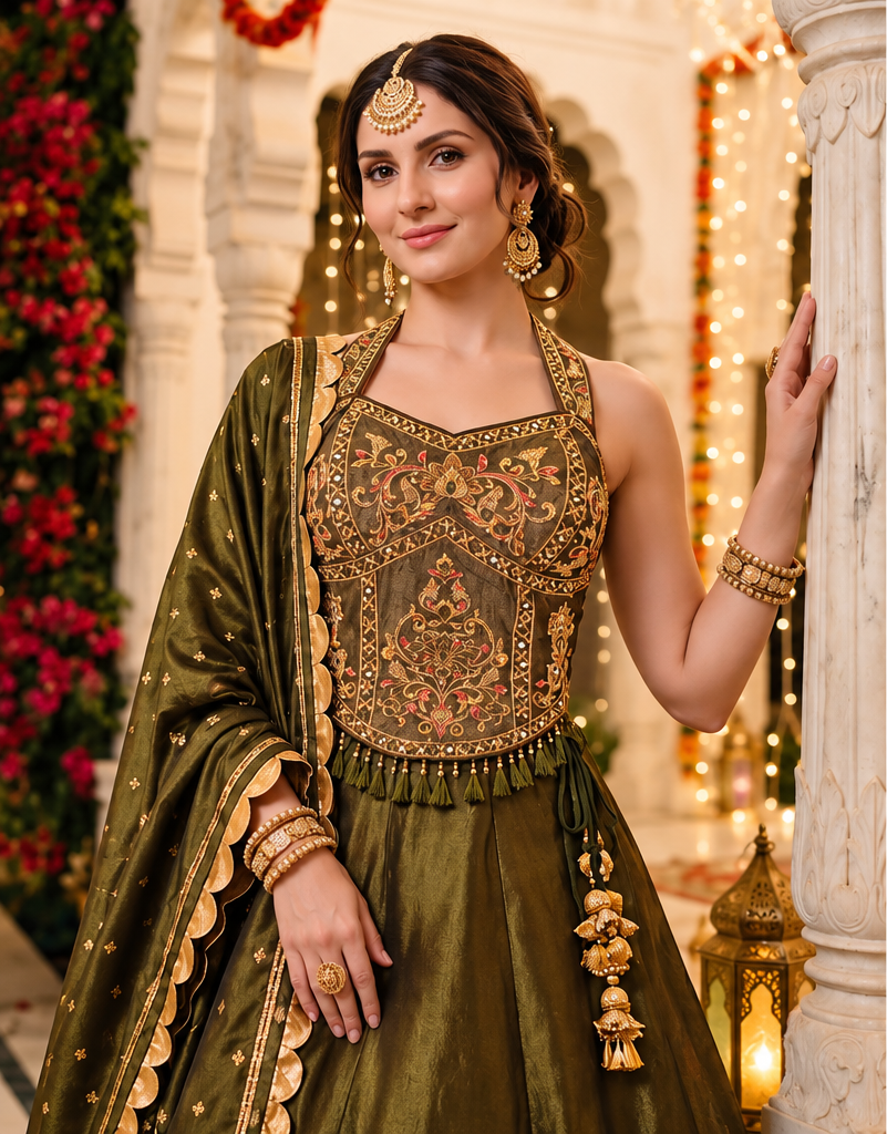 Scalloped border on the olive green and gold matching dupatta