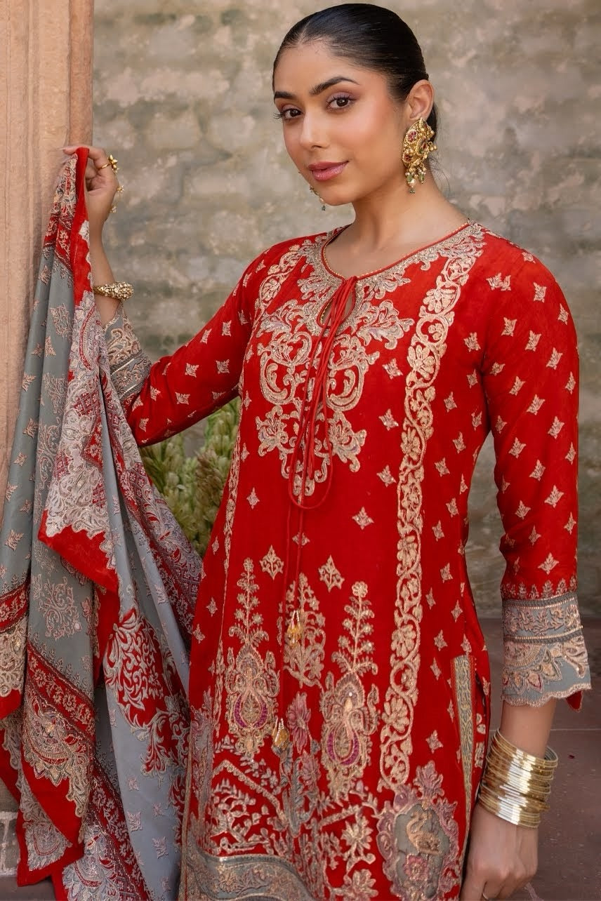 Vermilion Red Antique Gold Heritage Sharara Set