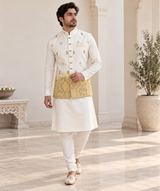 Ivory Yellow Silver Nehru Jacket Kurta Set