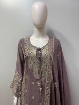Full-length view of a mocha zari embroidered palazzo set