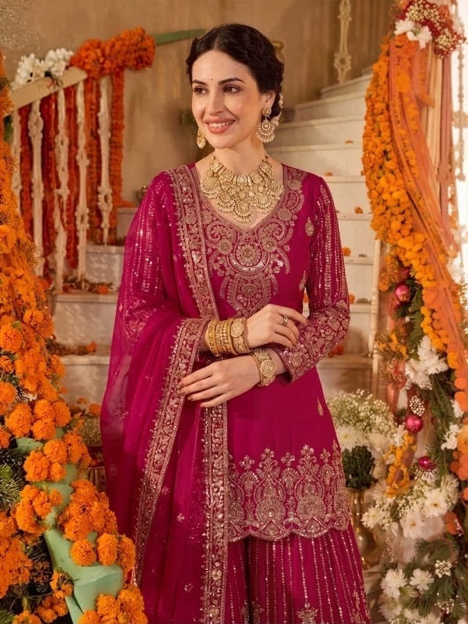 Deep Fuchsia Antique Gold Jewel Palazzo Set