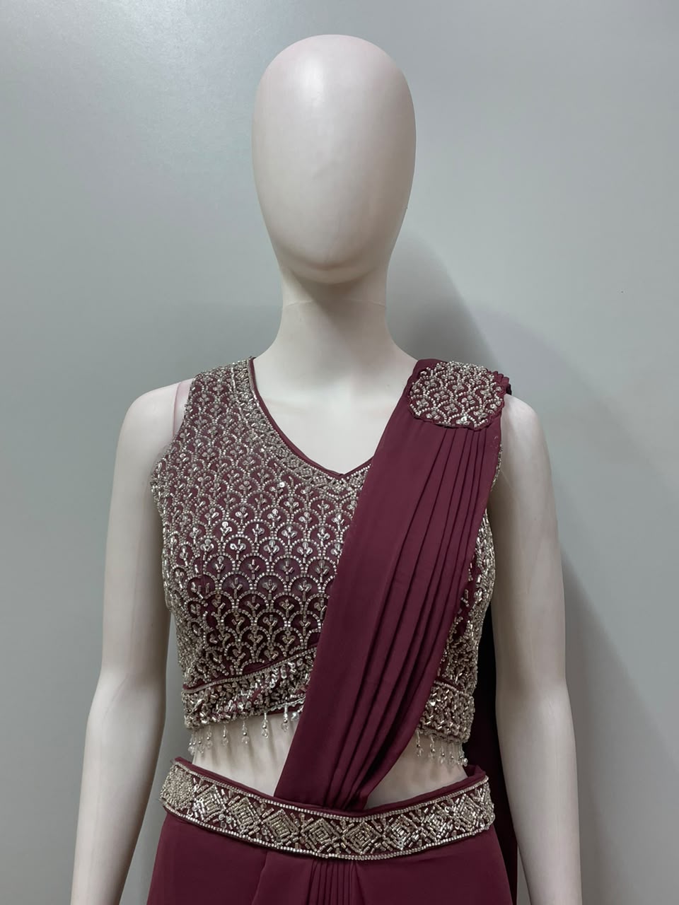 Berry Wine Silver Crystal Draped Saree Set