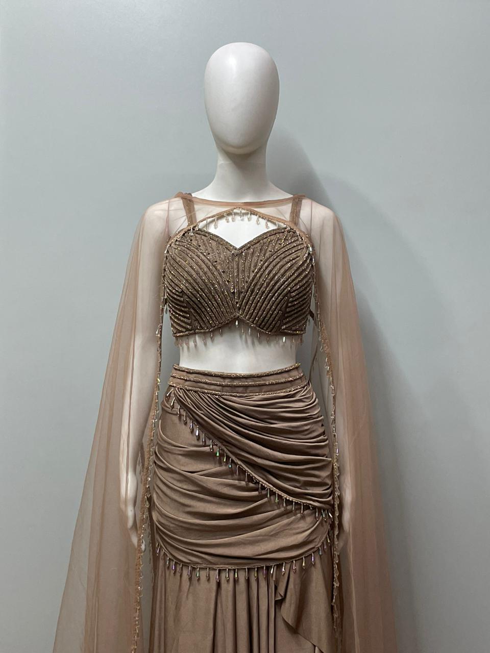 Taupe Pearl Draped Cape Lehenga Set