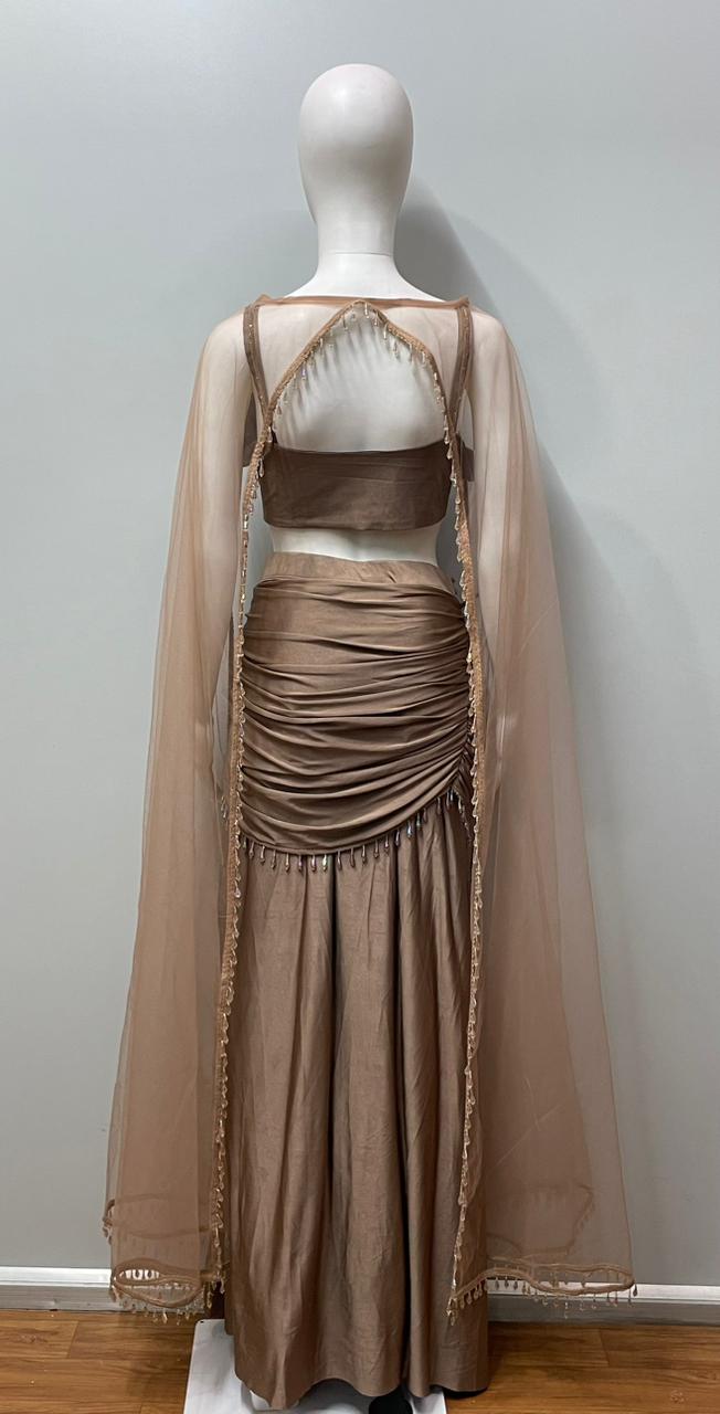 Taupe Pearl Draped Cape Lehenga Set