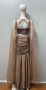 Taupe Pearl Draped Cape Lehenga Set