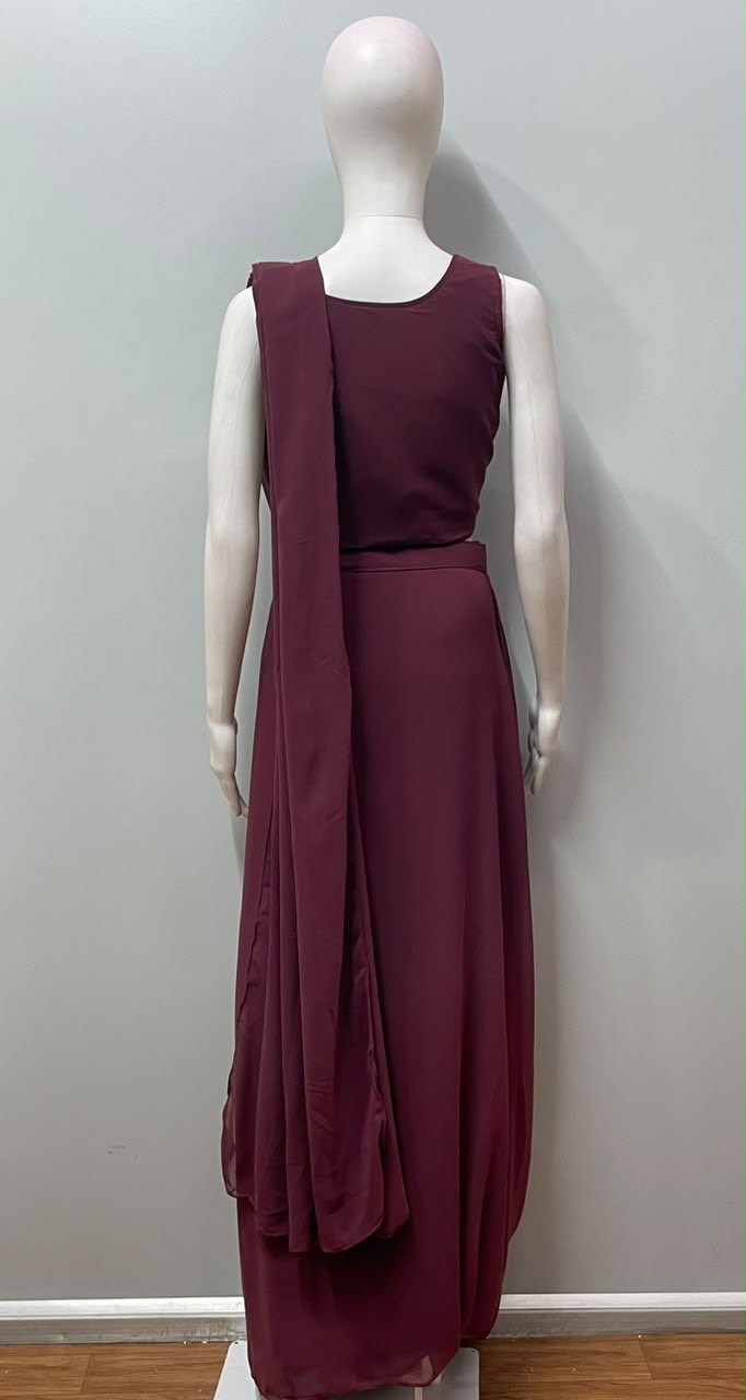 Berry Wine Silver Crystal Draped Saree Set