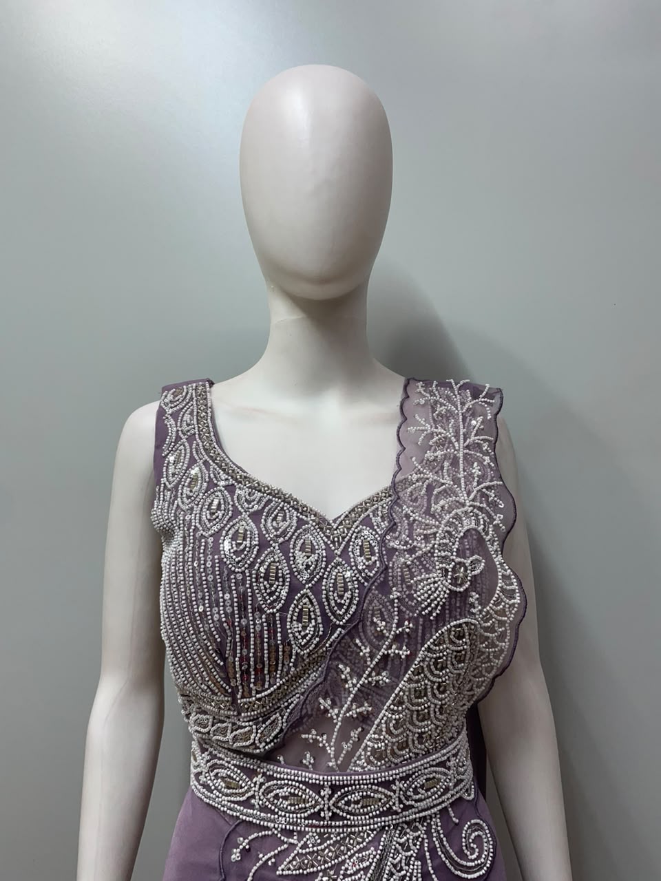 Dusty Mauve Silver Peacock Draped Saree Set